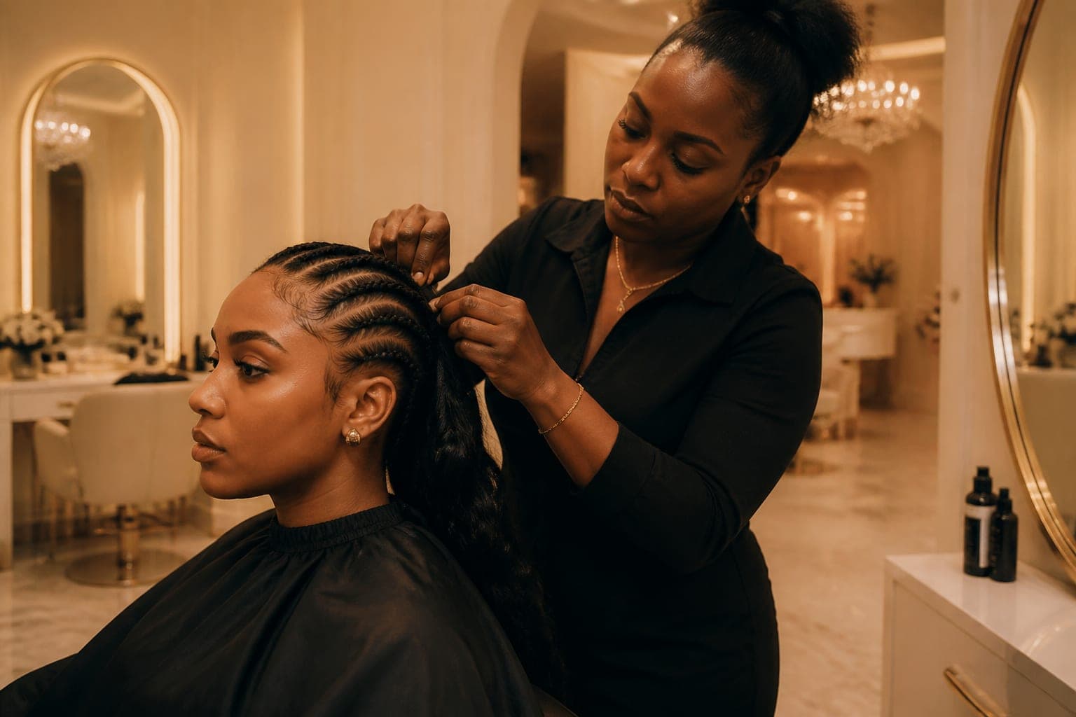 Stylist braiding a client in the Angel atelier